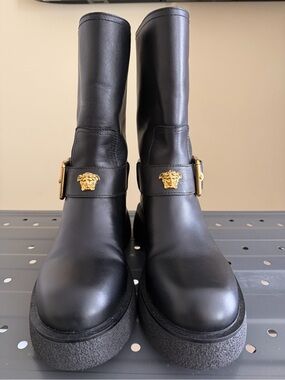 Versace Black Leather Medusa Buckle Platform Boots